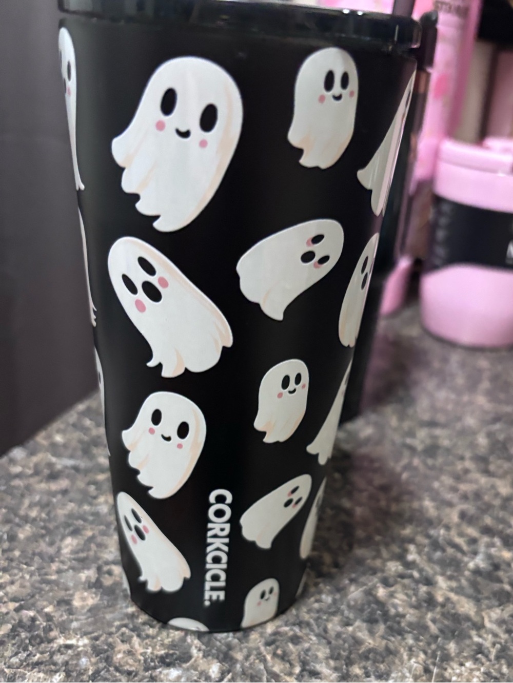 Corkcicle Black Tumbler with White Ghosts